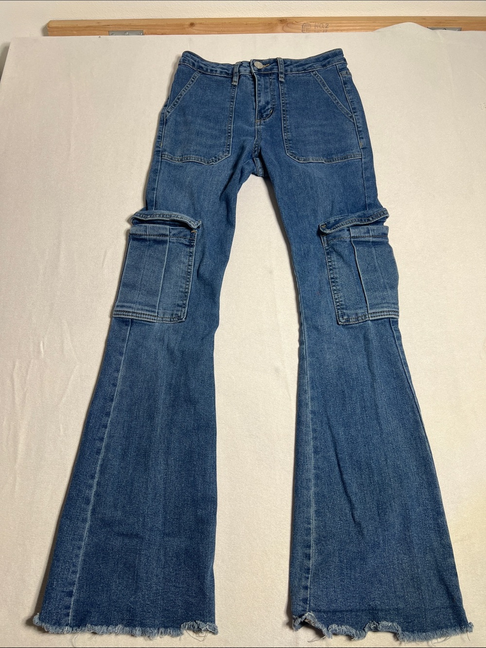 Indigo Rein Women's Blue Flare Cargo Jeans - Low Rise Stretch Denim